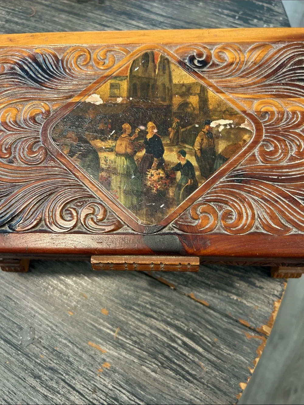 Hand-Carved Wooden Decorative Cedar Box in Warm Brown and Tan Cottage Core